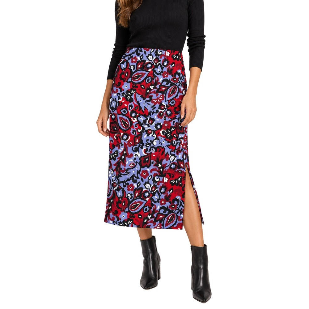 Ann Taylor Skirt Womens 4 Petite Red Purple Floral Paisley Midi Satin Preppy